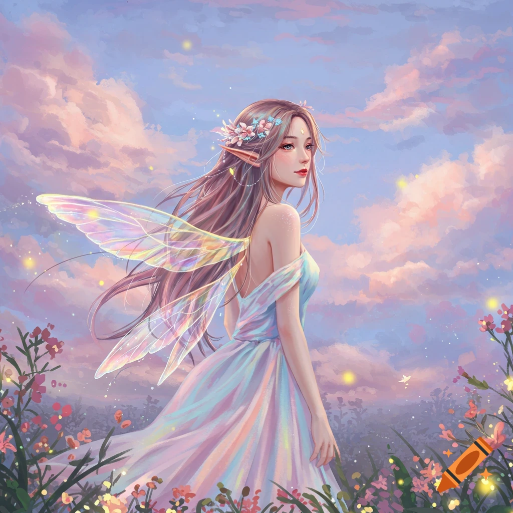 A beautiful fairy with long brown hair, delicate iridescent wings, and a flowing pastel dress stands in a field of flowers under a dreamy, cloudy sky.