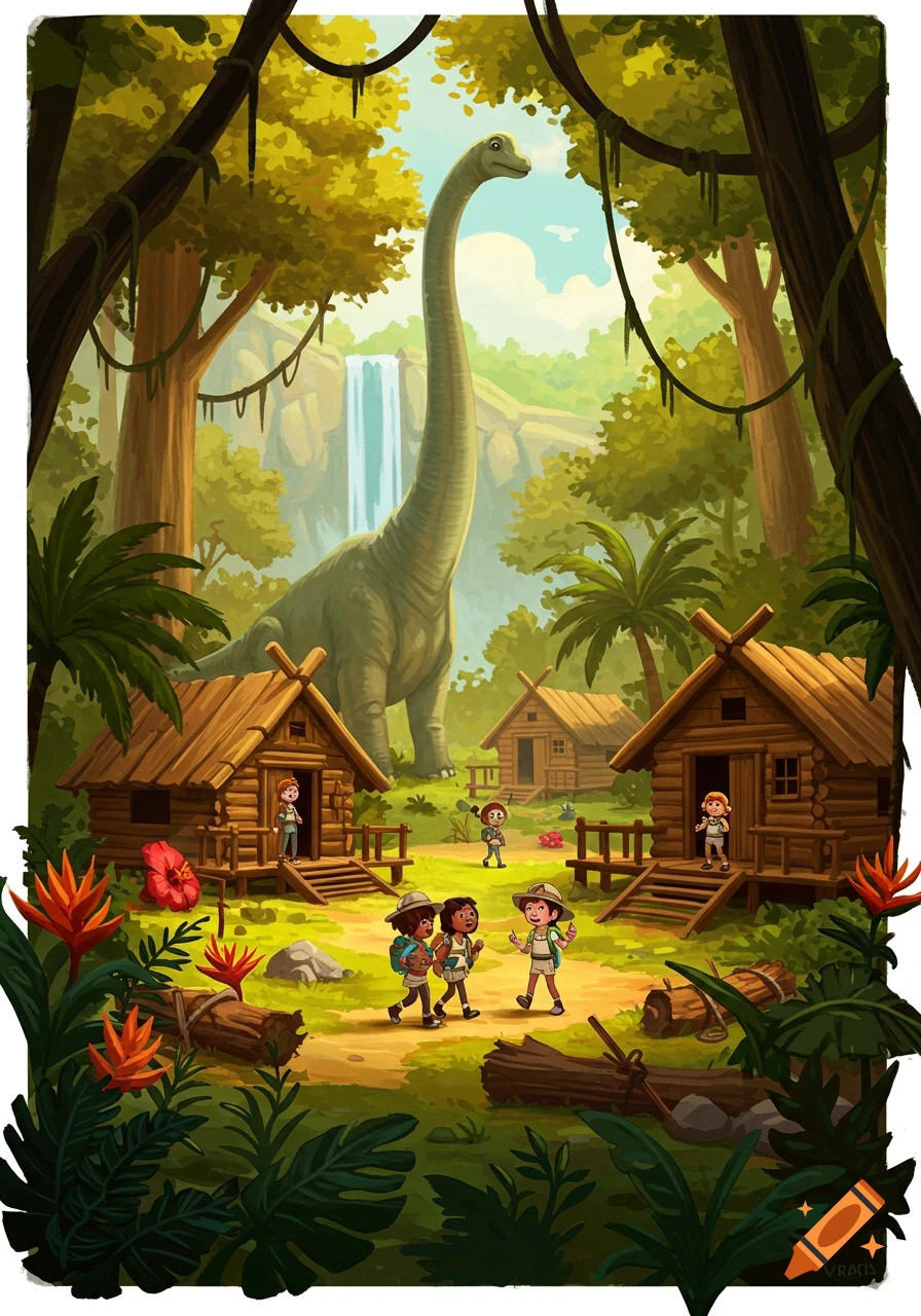 Stylized illustration of children exploring a jungle camp with wooden huts and a giant Brontosaurus in the background, near a waterfall.
