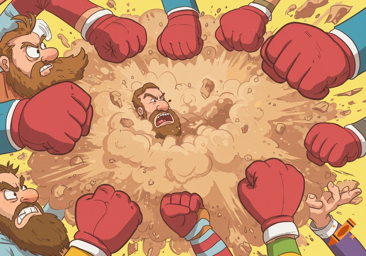 Cartoon style illustration of multiple gloved hands punching into a dust cloud, revealing the screaming head of a bearded man.