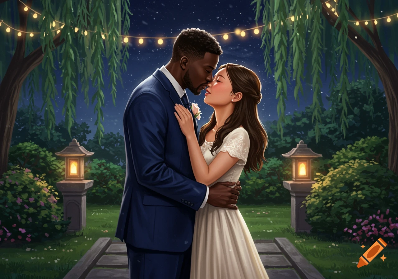 A black man in a blue suit and an Asian woman in a white dress embrace and nearly kiss in a romantic garden at night, illuminated by string lights and lanterns.