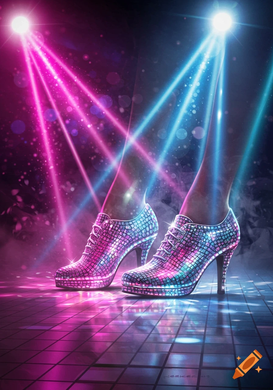 A pair of sparkling, disco ball-like high heels stand on a checkered floor under vibrant pink and blue spotlights.