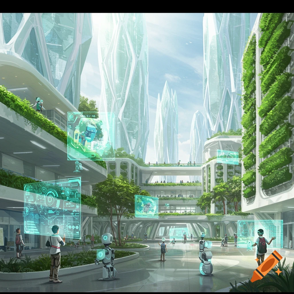 A futuristic school campus with towering glass buildings, vertical gardens, students, and robots interacting with holographic displays.