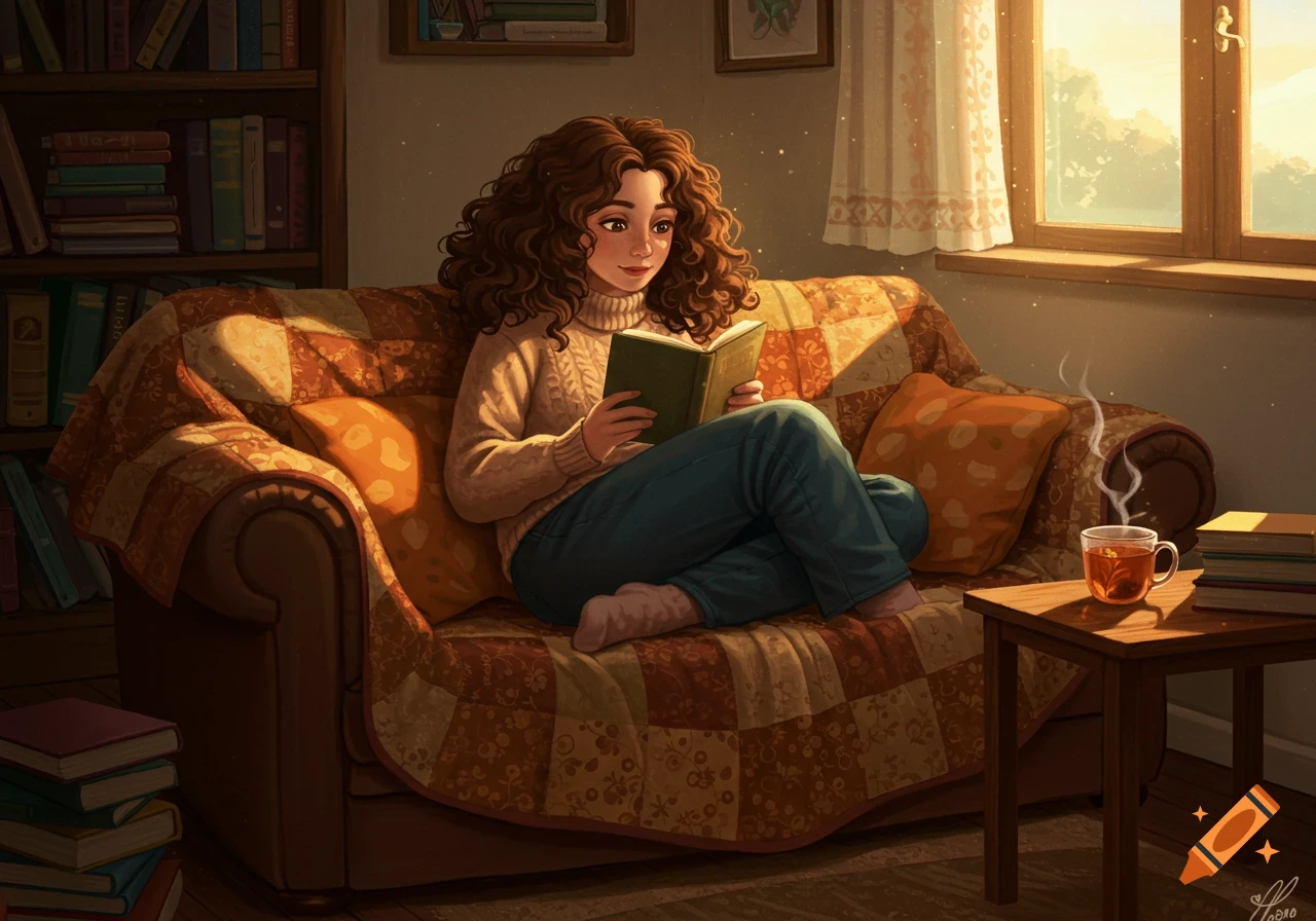 A curly-haired woman reads a book on a patterned couch by a sunlit window, with tea, in a cozy illustration.