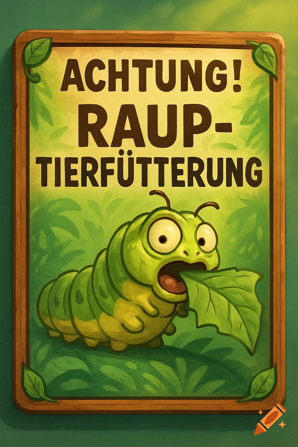 A cartoon illustration of a wide-eyed green caterpillar eating a leaf on a wooden warning sign that reads "ACHTUNG! RAUP-TIERFÜTTERUNG" against a green background.