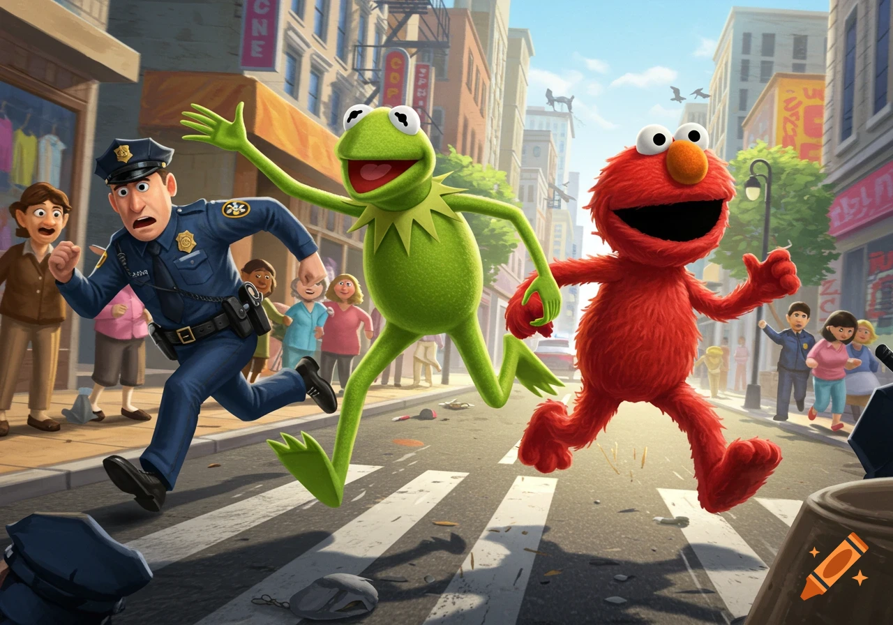 Kermit the Frog and Elmo joyfully run from a surprised police officer through a bustling city street.