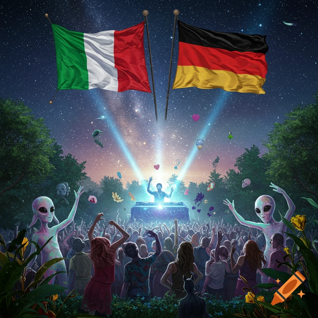 Vibrant outdoor music festival with a DJ, dancing crowd, aliens, and Italian and German flags under a starry night sky.