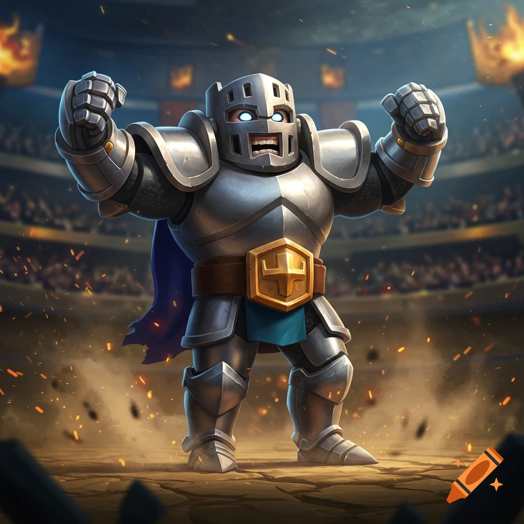 A cartoonish armored knight with glowing blue eyes and a gold emblem on its belt, flexing in a fiery arena.
