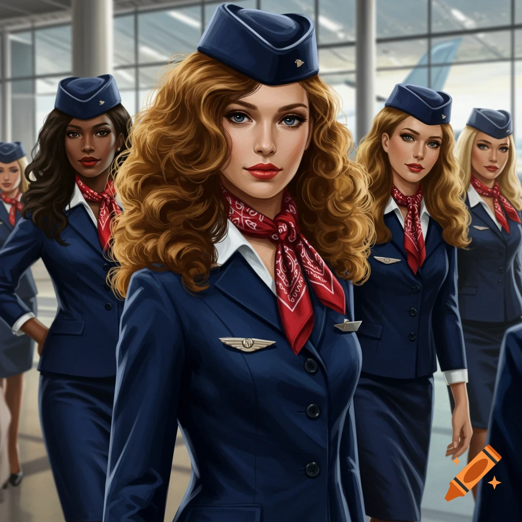 Illustration of air stewardesses with curly hair in navy blue uniforms and red bandana scarves at an airport.