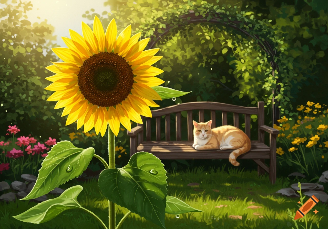 A vibrant yellow sunflower stands tall in a lush garden with an orange cat resting on a wooden bench.