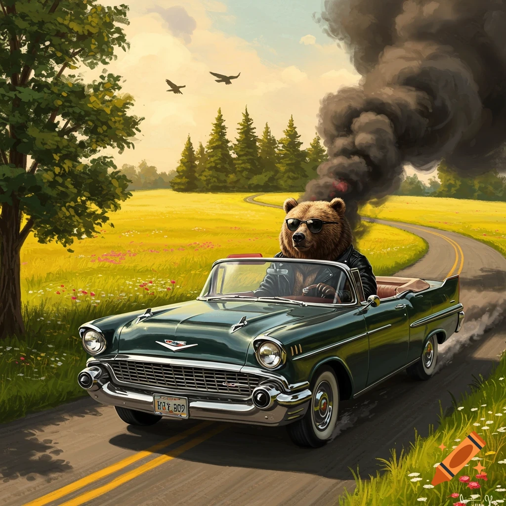 A cool bear in sunglasses and a leather jacket drives a vintage green convertible, spewing black smoke on a winding country road with green fields.
