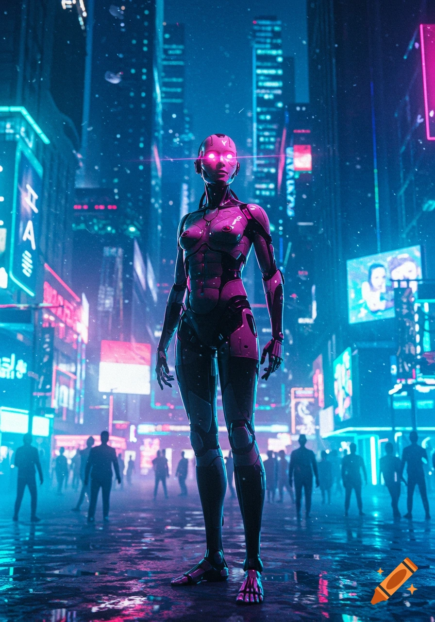 A full shot of a glowing magenta and black cyborg woman standing in the center of a futuristic, neon-lit cyberpunk city at night.