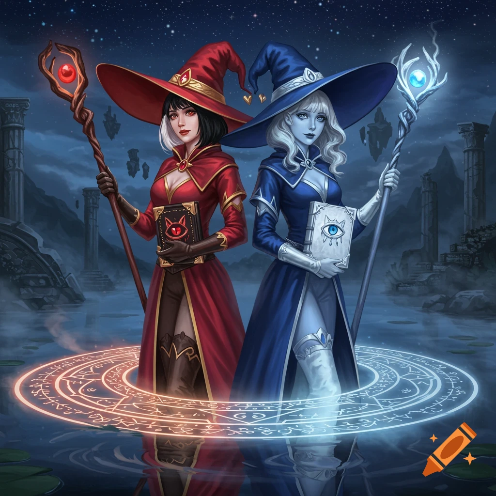 A digital painting of two beautiful twin witches in red and blue robes, holding staffs and grimoires, standing in a magical circle on a lake under a starry night sky with floating ruins.