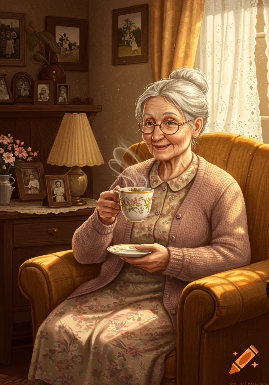An old woman with gray hair in a bun, wearing glasses and a pink cardigan, smiles while holding a steaming teacup in a cozy, sunlit room.