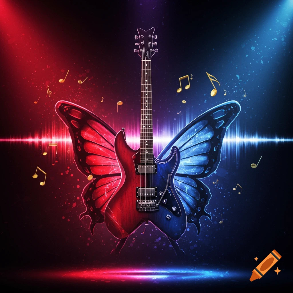 A vibrant electric guitar with red and blue butterfly wings, surrounded by musical notes and glowing lights in digital art.