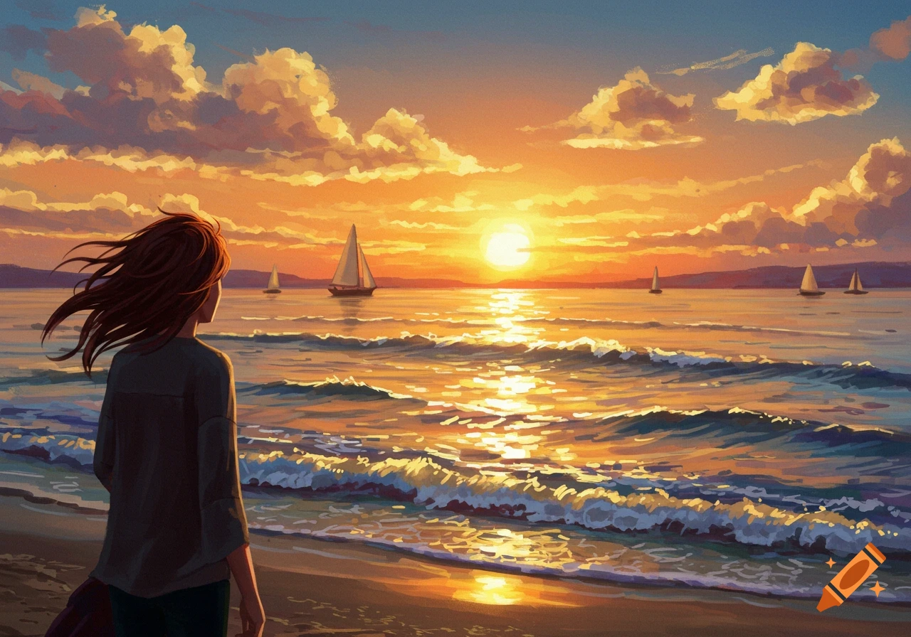 A person with flowing red hair stands on a beach, gazing at a vibrant sunset over the ocean with sailboats, in a painterly style.