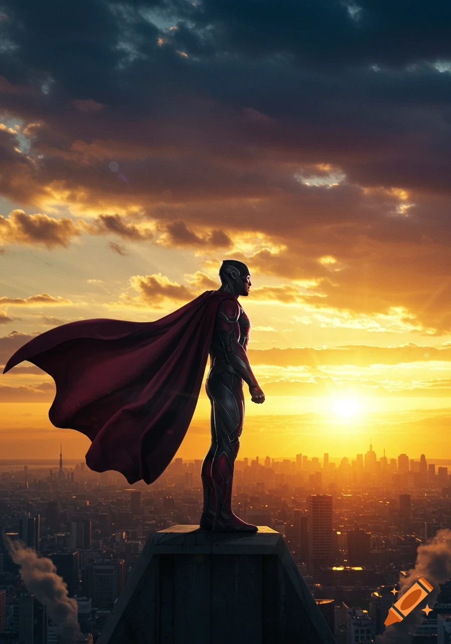 A superhero in a red cape stands on a tall building, overlooking a city skyline at sunset, with an orange and blue sky.