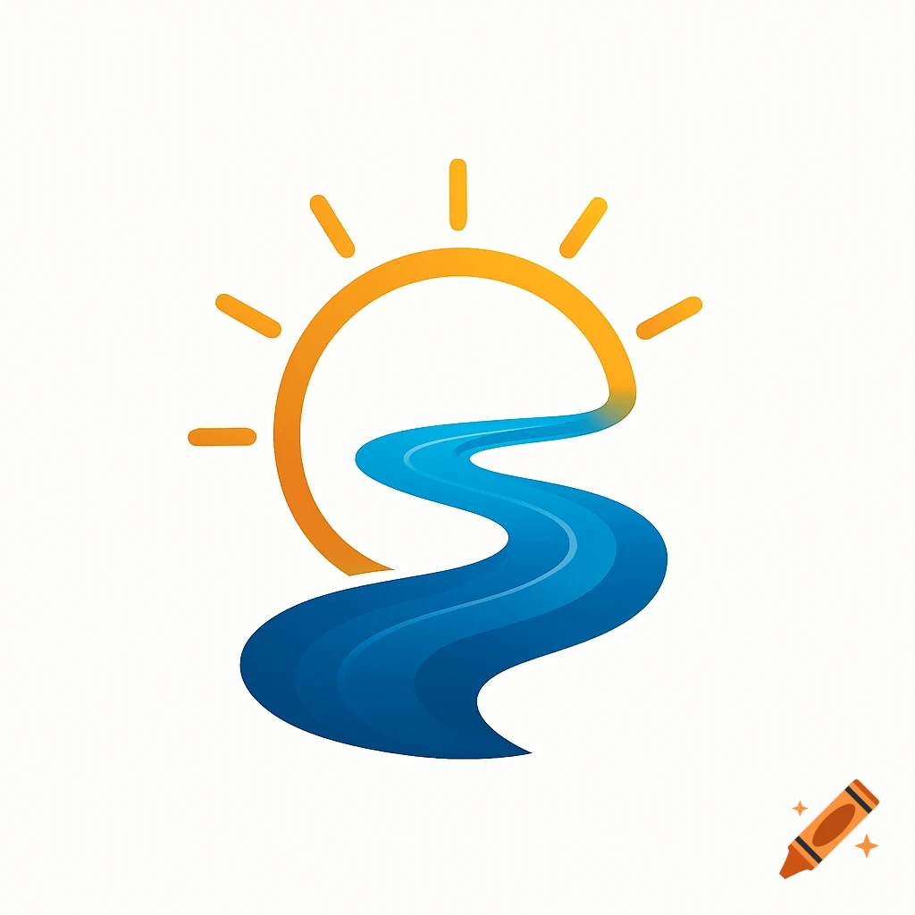 A logo featuring an orange sun half-circle with rays combined with a winding blue river path on a white background.