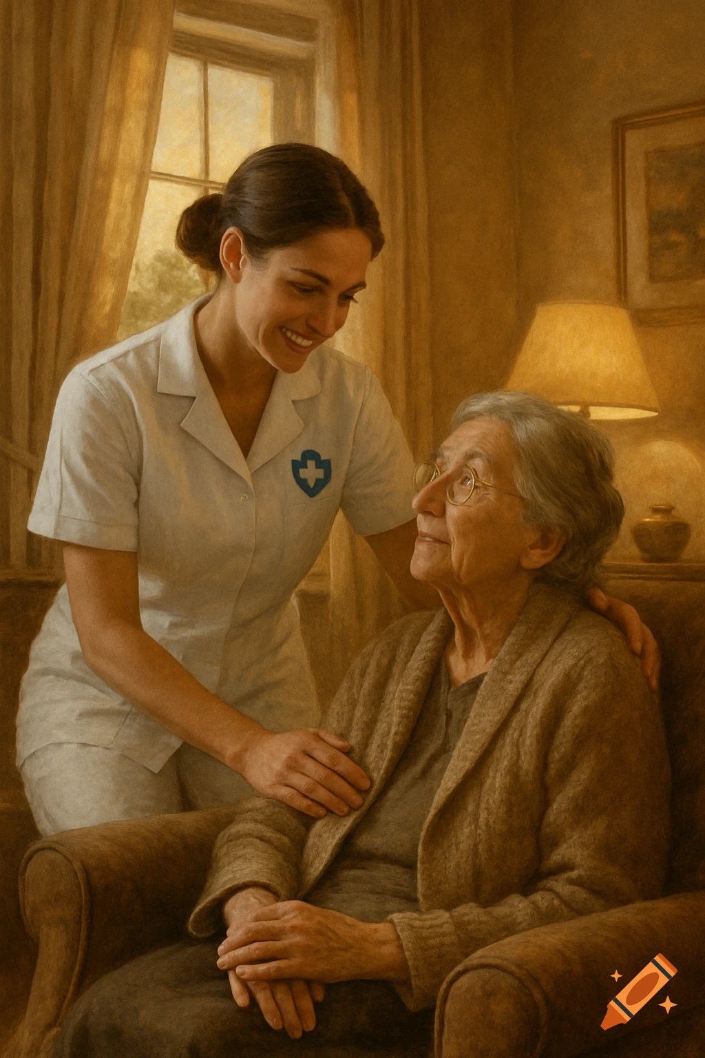 A smiling female caregiver in a white uniform gently holds the hand of an elderly woman seated in an armchair, in a warm, painterly style.