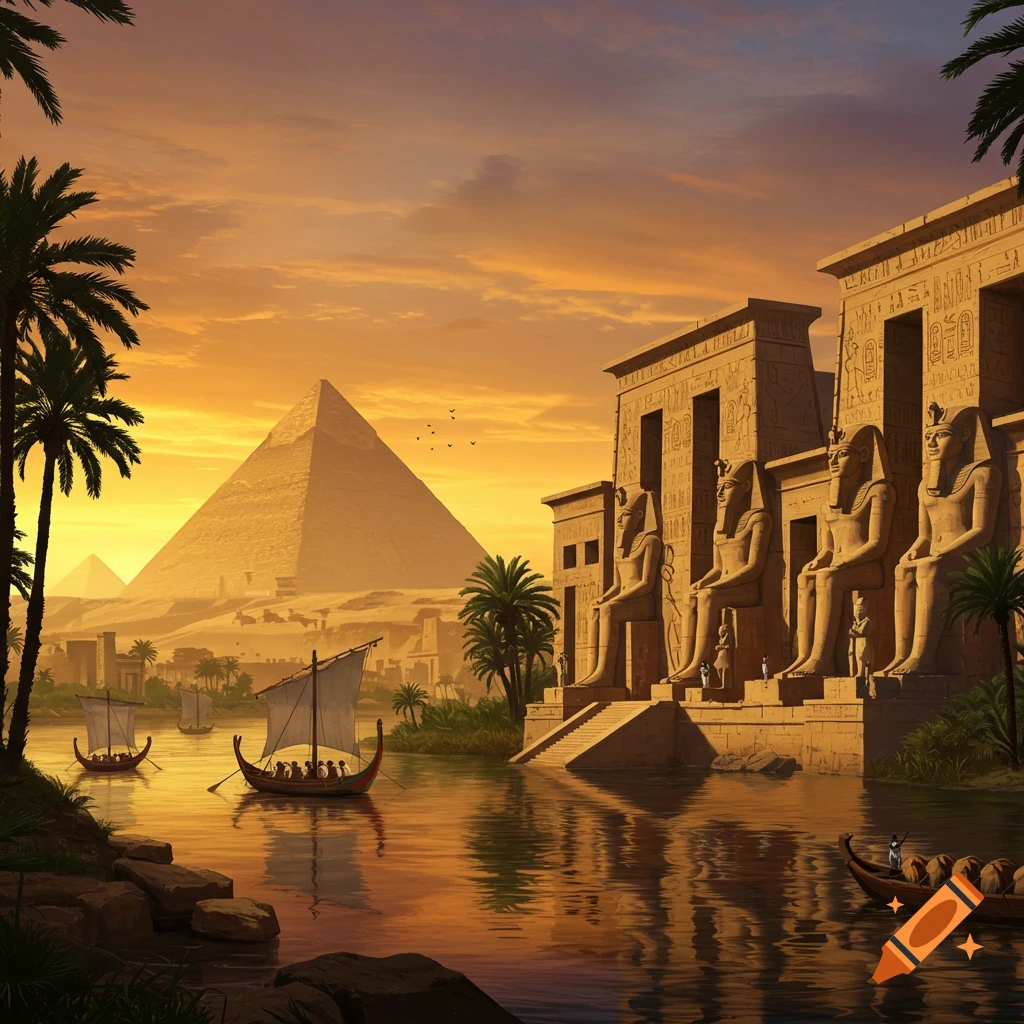 Ancient Egyptian landscape at sunset with pyramids, temples, a river with boats, and palm trees.