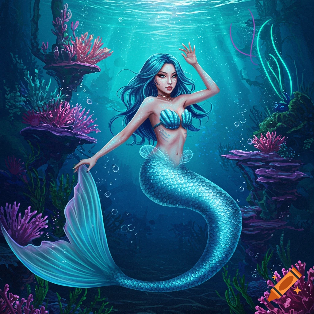A digital illustration of a mermaid with blue hair and a shimmering blue tail, posing underwater among colorful corals.