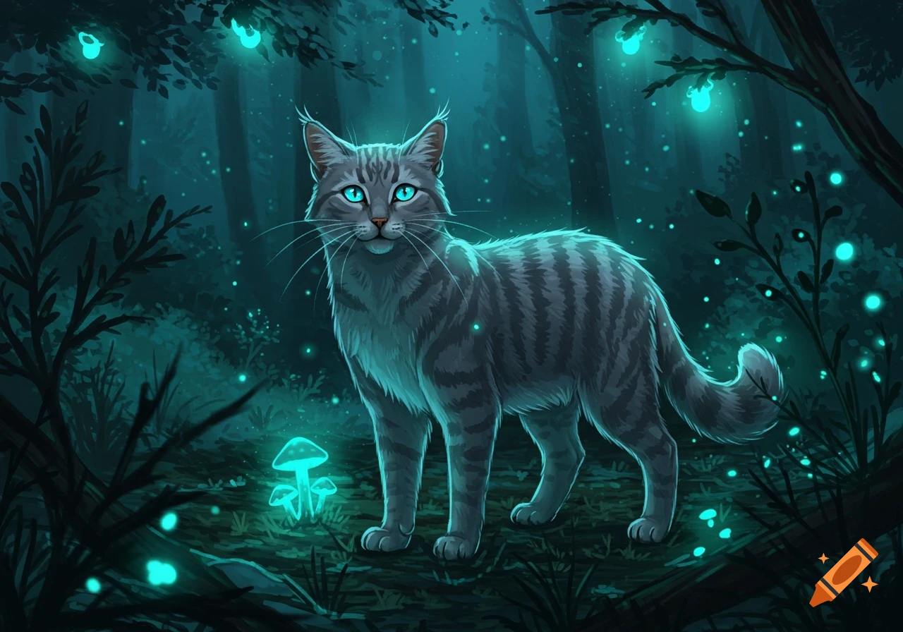 A gray tabby cat with bright blue eyes stands in a dark, glowing fantasy forest with luminous mushrooms and fireflies.