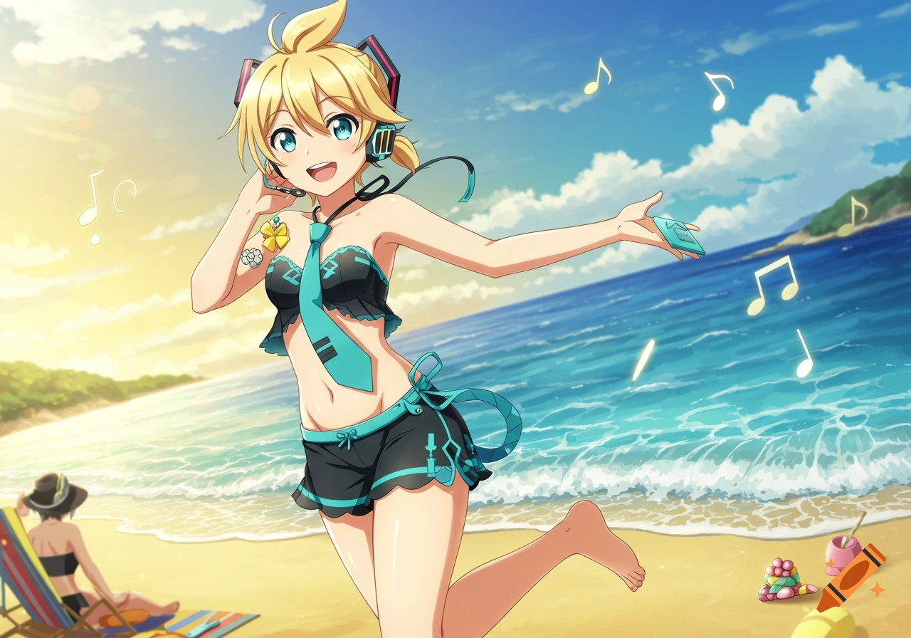 A blonde anime character in a black and teal swimsuit and headphones smiles on a sunny beach with musical notes floating around.
