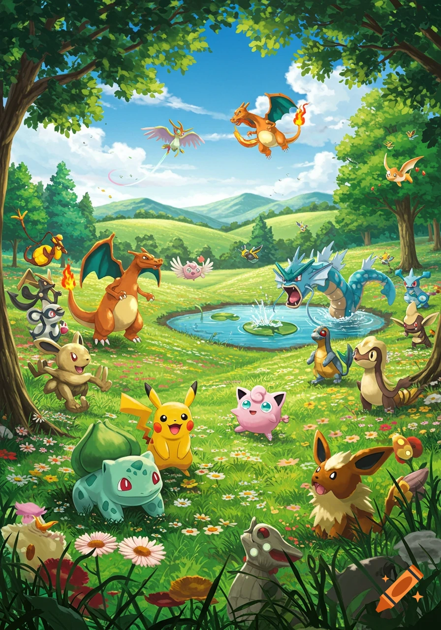 Pikachu, Bulbasaur, and many other Pokémon gather in a vibrant, sunny green field with a pond and trees in an illustration.