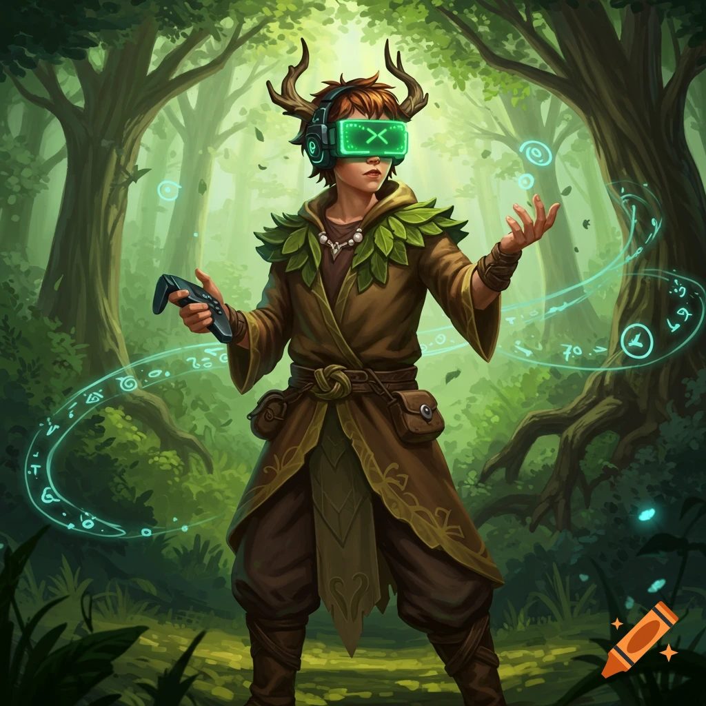 An illustration of a druid gamer with horns and a leafy collar, wearing a VR headset displaying an 'X' and holding a controller, surrounded by glowing arcane symbols in a vibrant forest.