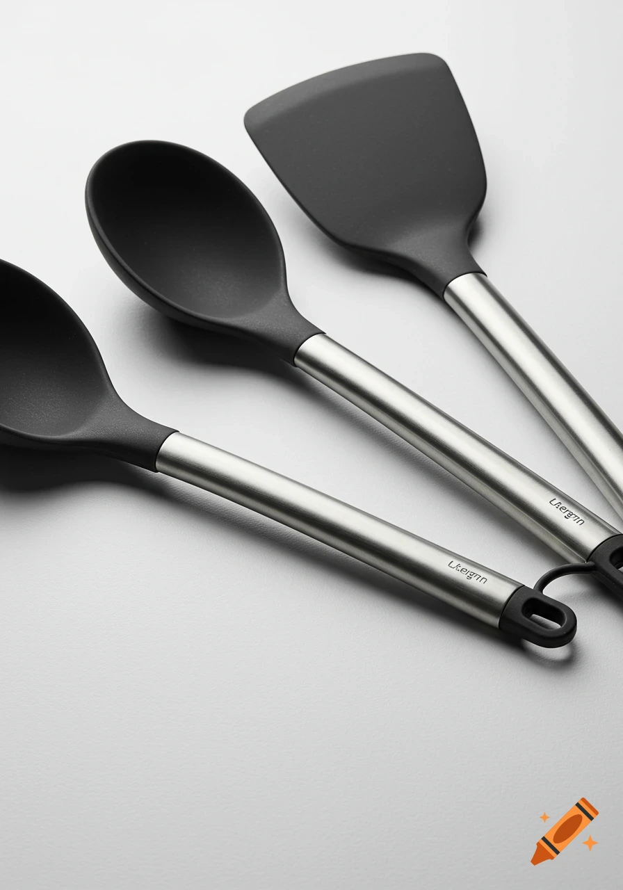 Close-up of three black silicone and silver stainless steel kitchen utensils: two spoons and a spatula.