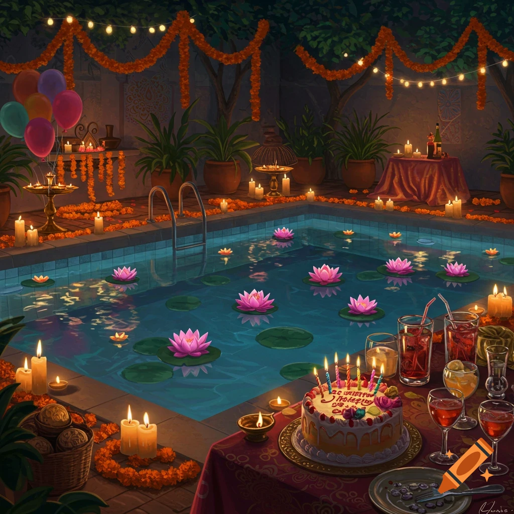 A nighttime poolside celebration decorated with floating lotus flowers, candles, marigold garlands, balloons, drinks, and a birthday cake.