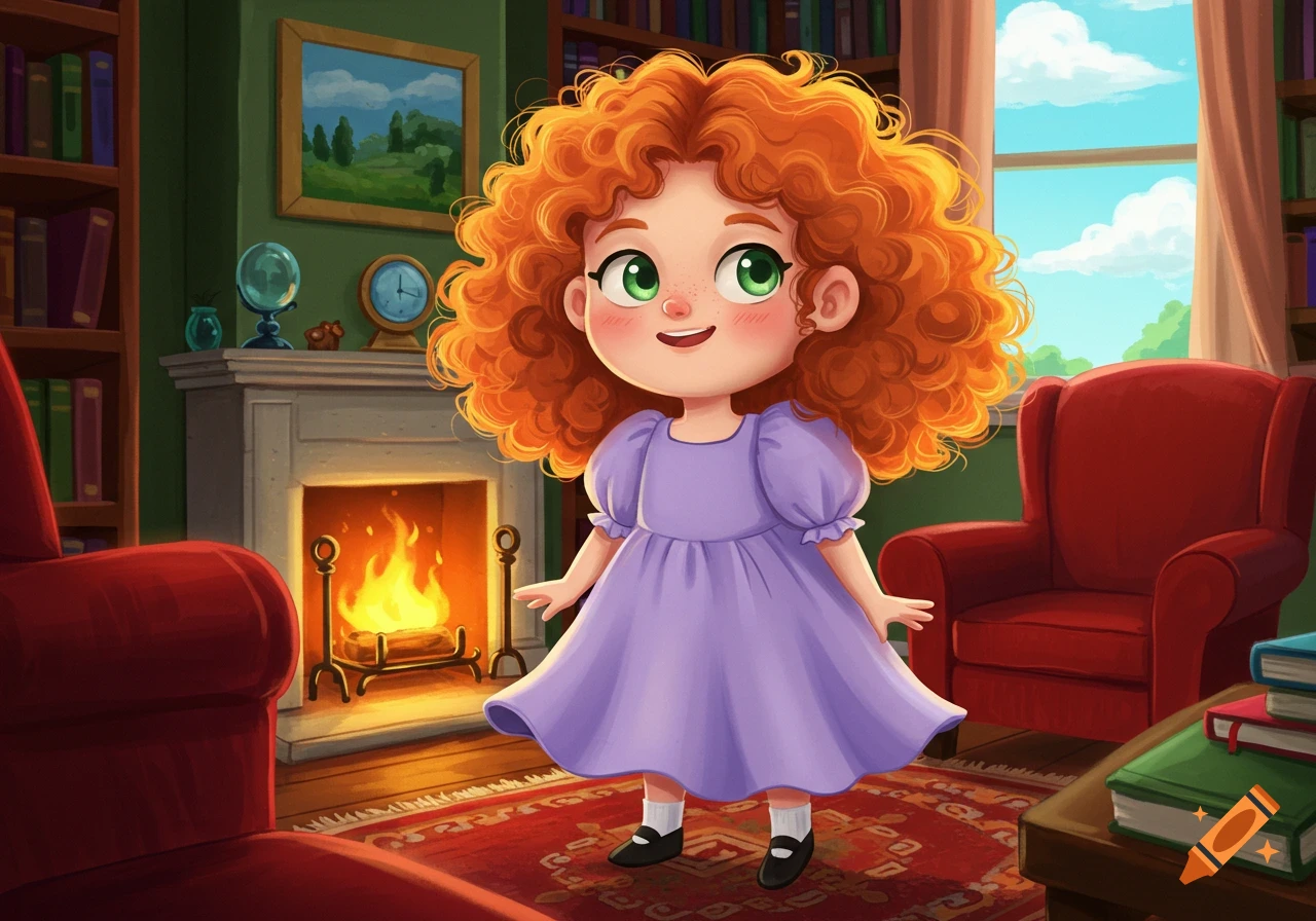 A cheerful cartoon girl with big curly orange hair and green eyes in a purple dress stands in a cozy room with a fireplace, bookshelves, and a window.