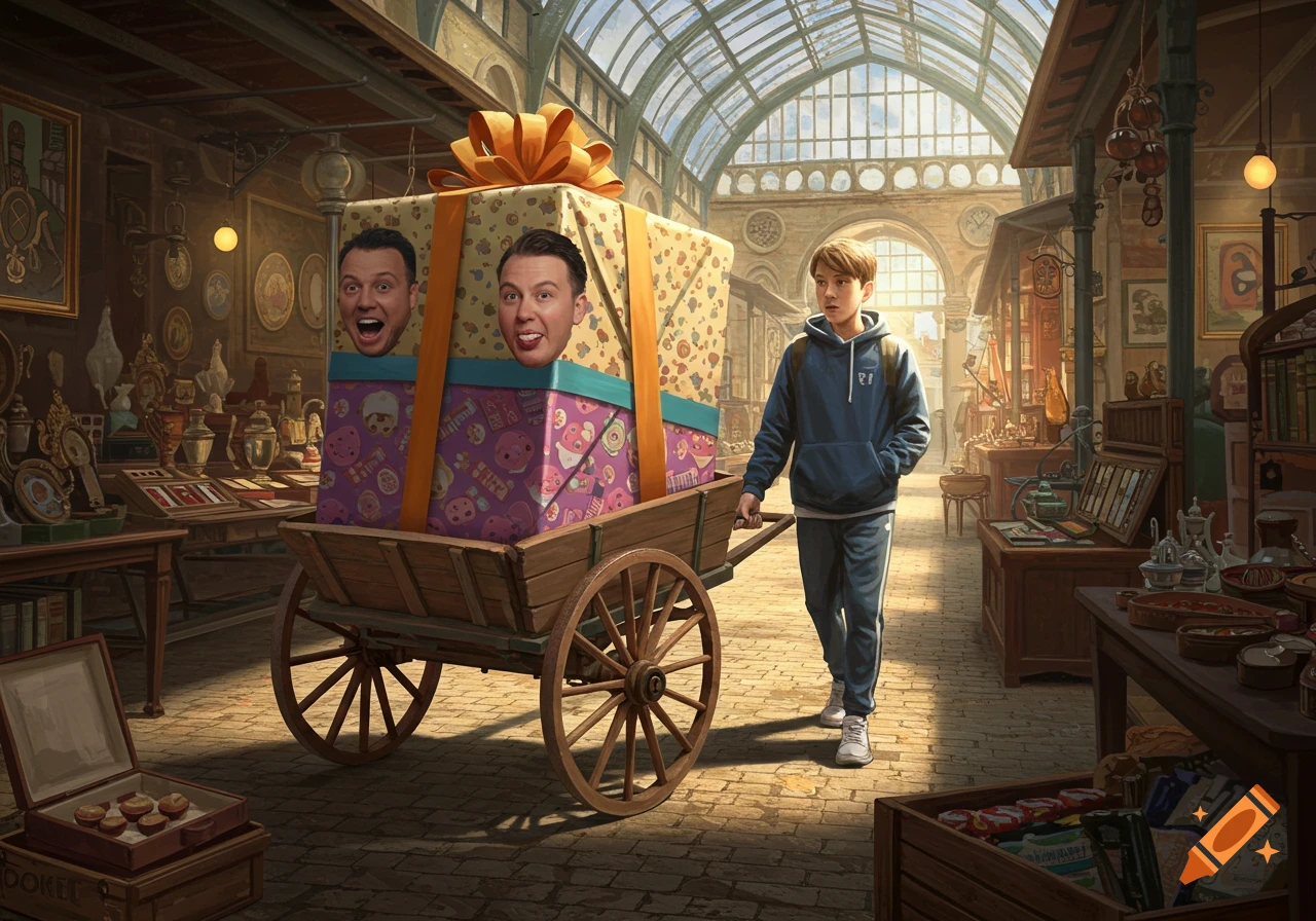 A boy pulls a wooden cart with two large gift boxes through an antique market; two men's heads poke out of the top box, photorealistic style.