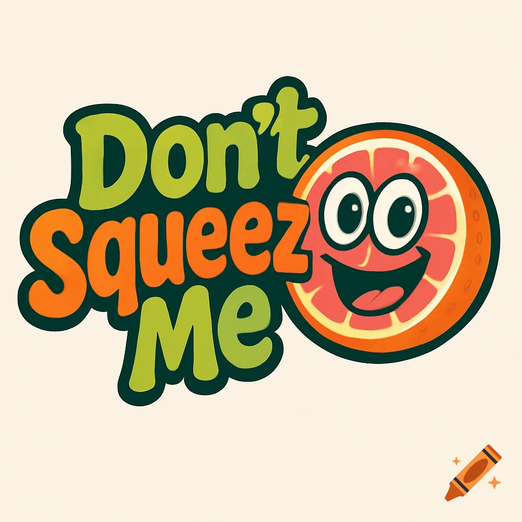 A cartoon logo features the text "Don't Squeeze Me" in bubbly green and orange font next to a smiling, happy grapefruit slice.
