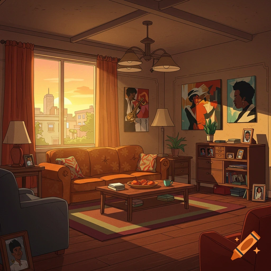 A cartoon living room with an orange sofa, colorful pillows, and framed art, bathed in warm sunset light from a large window overlooking a city.