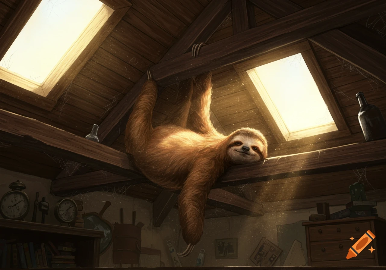 A smiling sloth hangs upside down from a wooden beam in a dusty attic with sunlit skylights, in a digital art style.