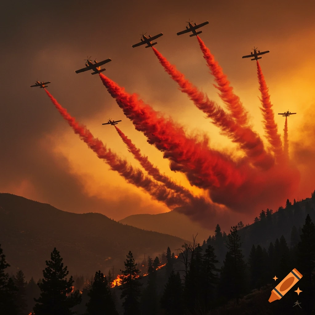 Six firefighting planes release red retardant over a wildfire burning in a forest at sunset, casting an orange glow.