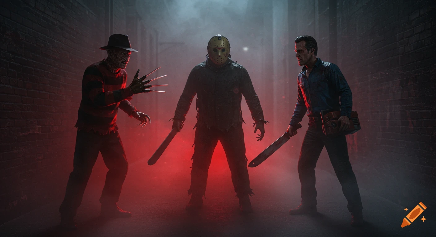 Freddy Krueger, Jason Voorhees, and Ash Williams face each other in a foggy, red-lit alley.