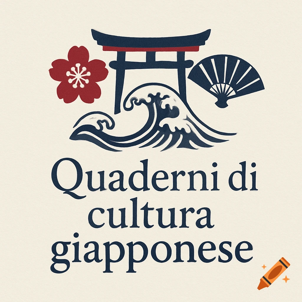 Minimalist logo for 'Quaderni di cultura giapponese' with a torii gate, cherry blossom, fan, and stylized ocean waves.