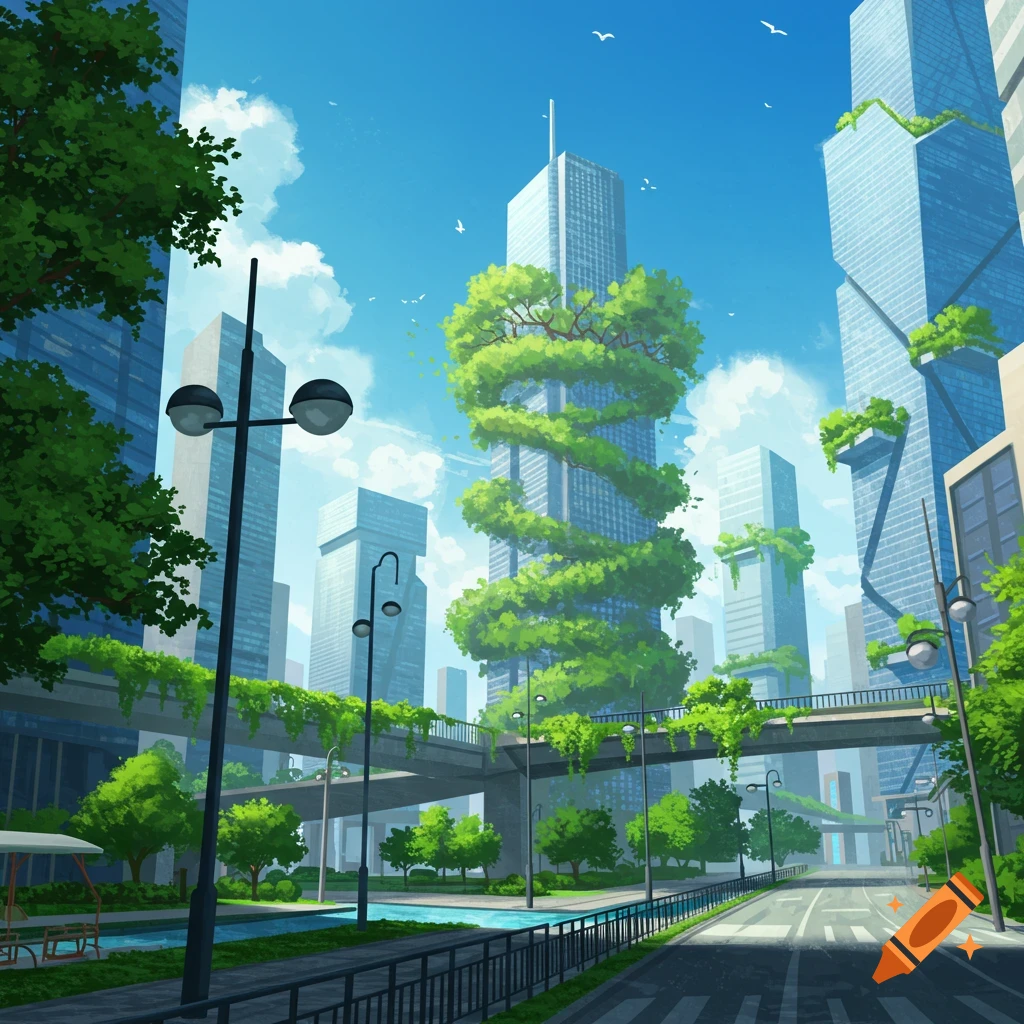 A vibrant, stylized cityscape with lush green plants growing on and around modern skyscrapers, bridges, and streets under a bright blue sky.