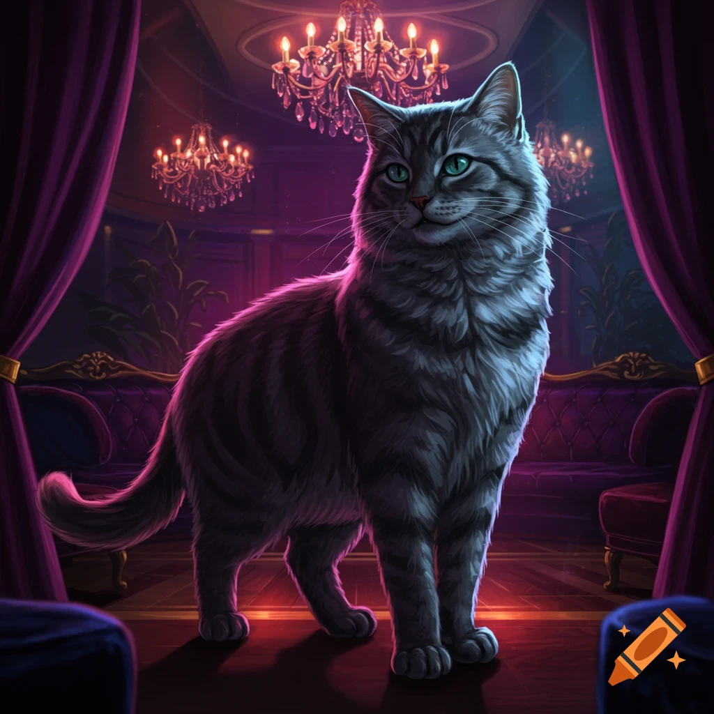 A majestic fluffy grey tabby cat with green eyes stands in a luxurious purple room with sparkling chandeliers and velvet furniture.