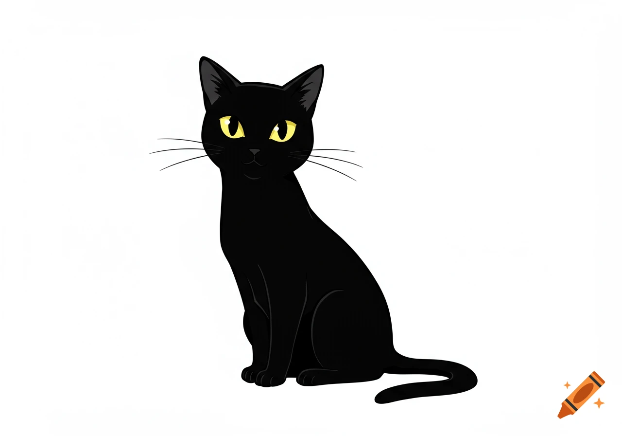 A simplistic anime cartoon style black cat with bright yellow eyes sits looking forward on a white background.
