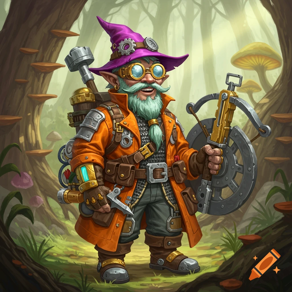 A detailed fantasy illustration of a gnome artificer with a green beard, purple hat, goggles, orange coat, holding a crossbow and shield in a vibrant fungal forest.