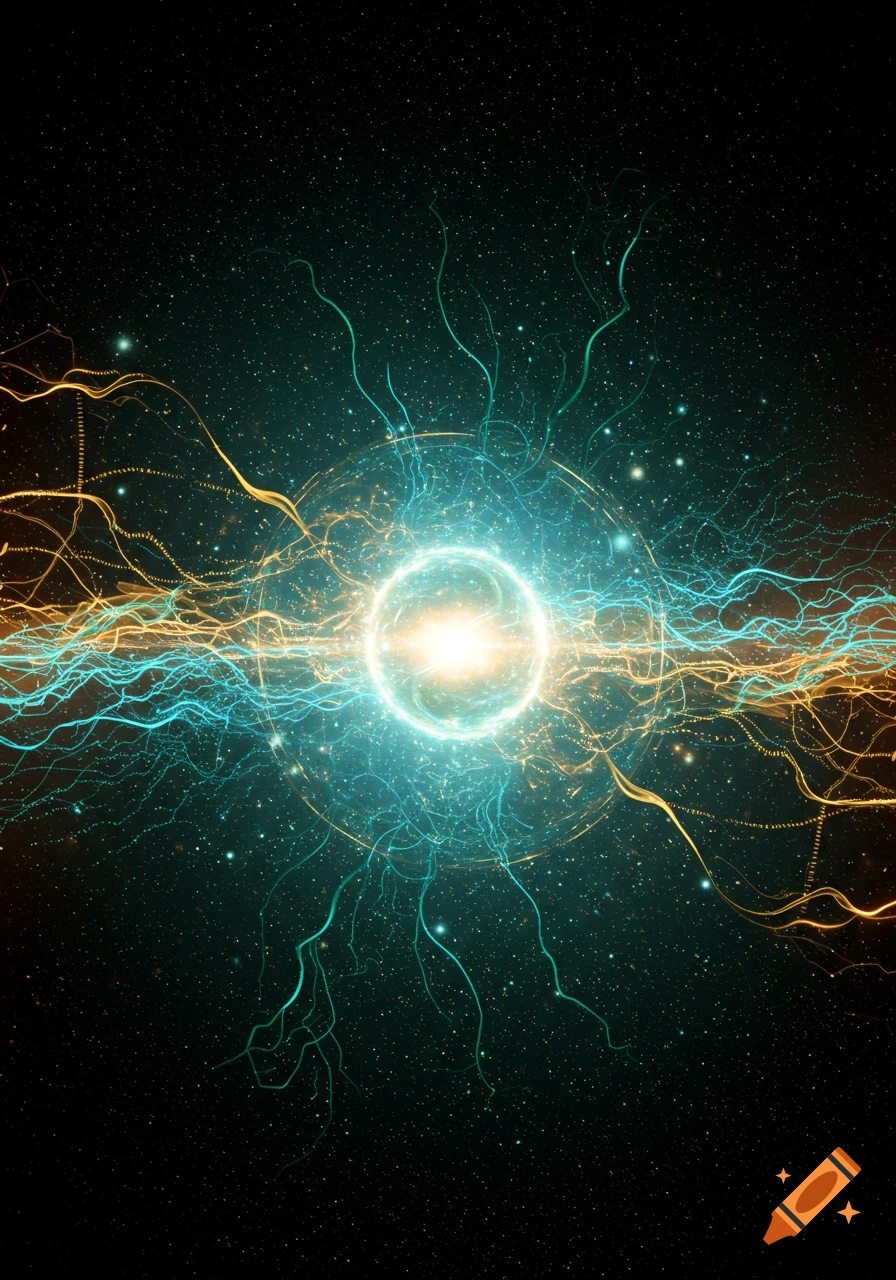 Abstract glowing blue and gold energy sphere with electrical tendrils radiating outward against a star-filled dark space.