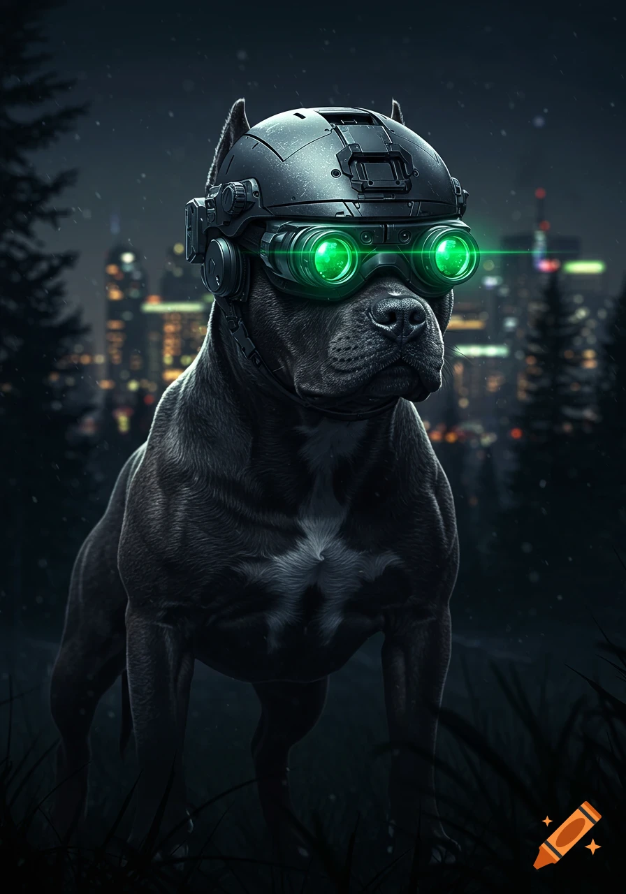 A black pitbull dog in a futuristic helmet with glowing green night vision goggles stands in a dark foreground with a blurry cityscape.