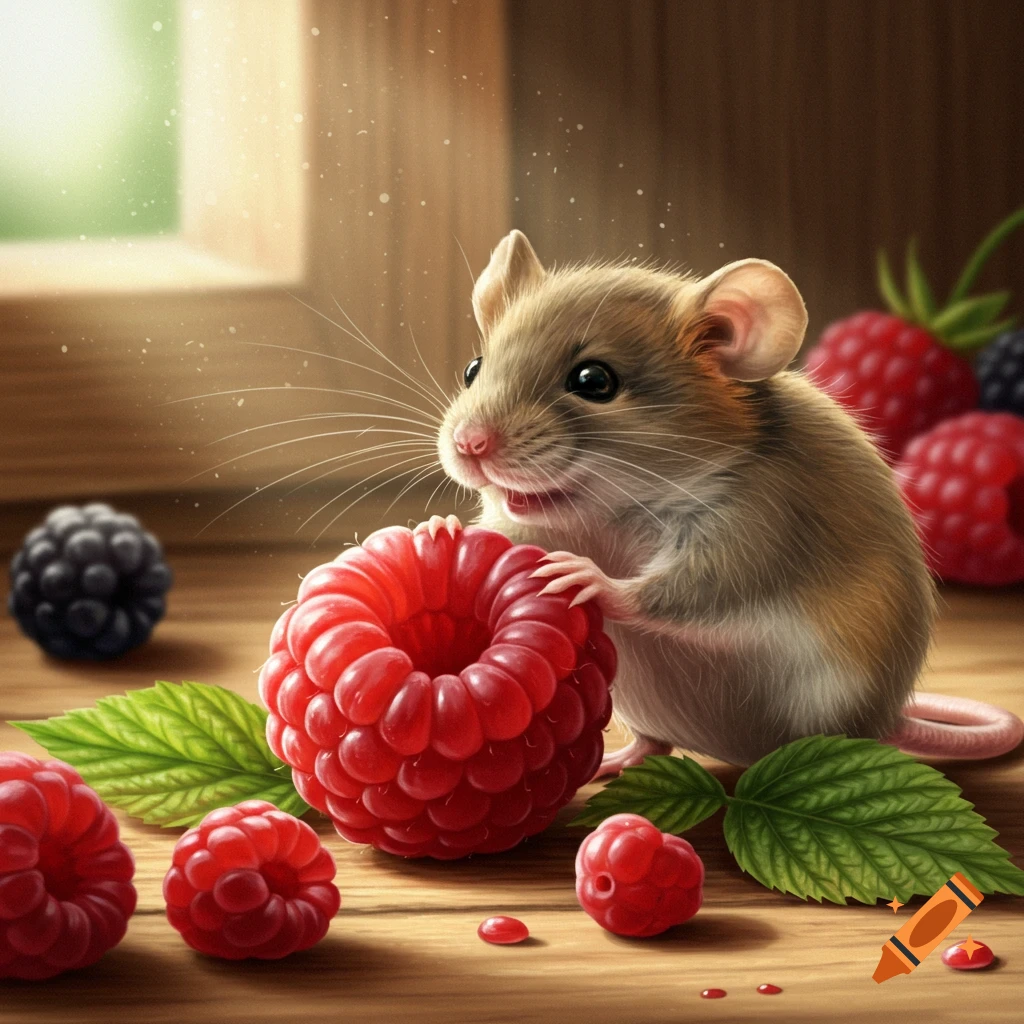 A small, photorealistic mouse holds a large red raspberry on a wooden table, surrounded by other berries and green leaves.