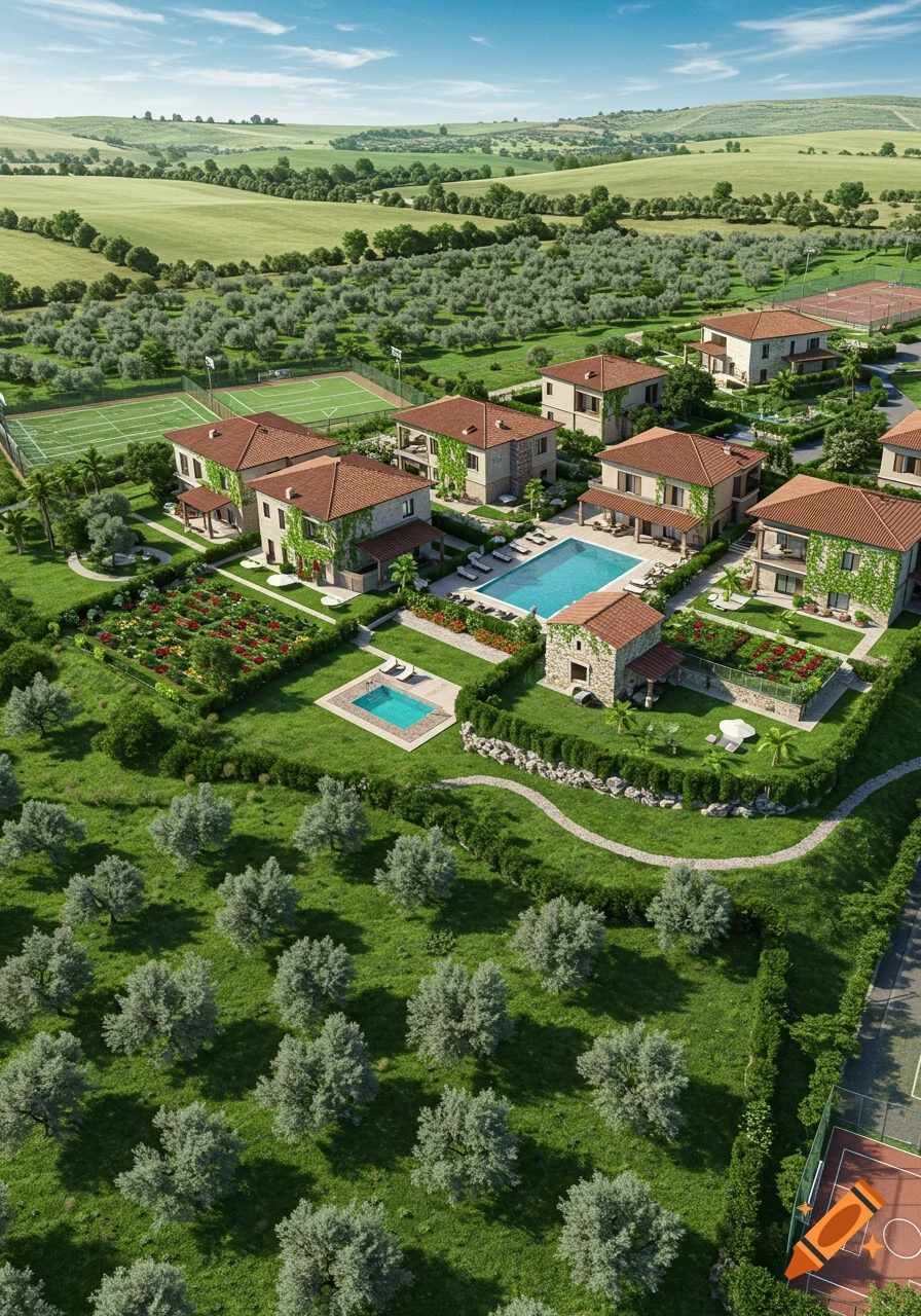An aerial, photorealistic view of a luxury residential complex with villas, swimming pools, sports courts, and olive groves amidst green hills.