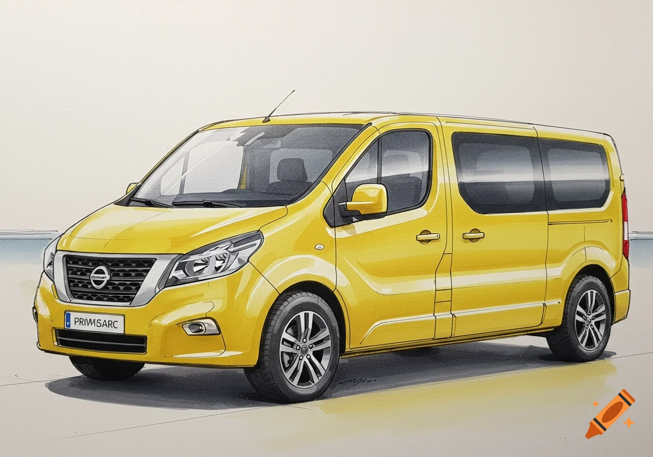 A marker drawing of a yellow Nissan Primastar van from a front 3/4 view against a light background.