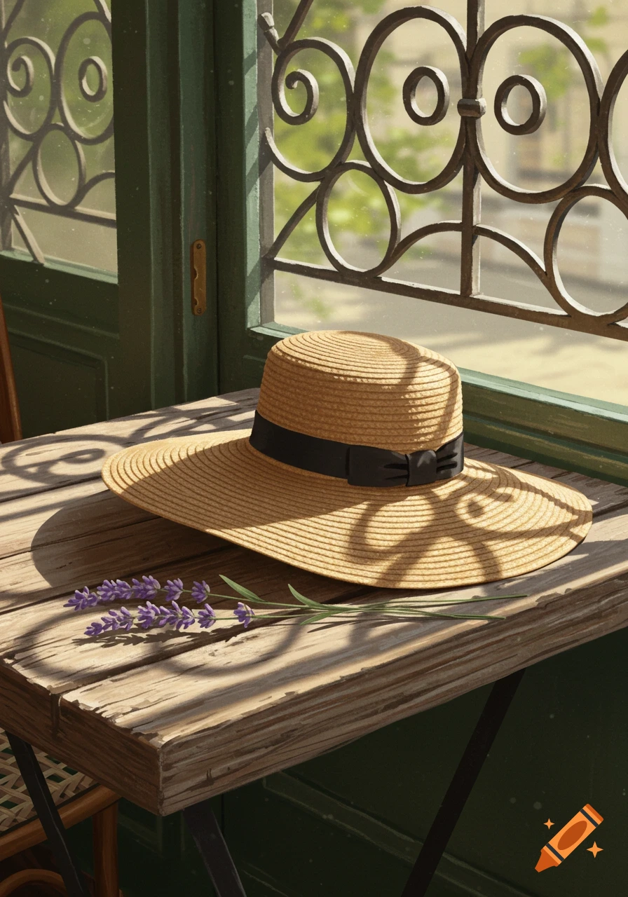 A straw hat with a black ribbon and a sprig of lavender rest on a rustic wooden table by a window with ornate ironwork, bathed in sunlight.