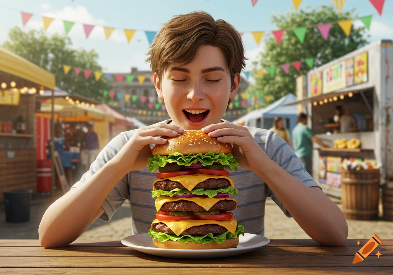 A happy young boy, eyes closed, with an open mouth, about to eat a massive burger at a lively outdoor food fair.