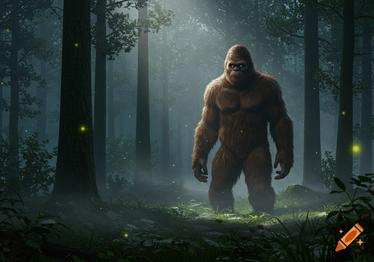 A large, furry Bigfoot creature stands in a misty, dark forest, illuminated by rays of sunlight and glowing fireflies.